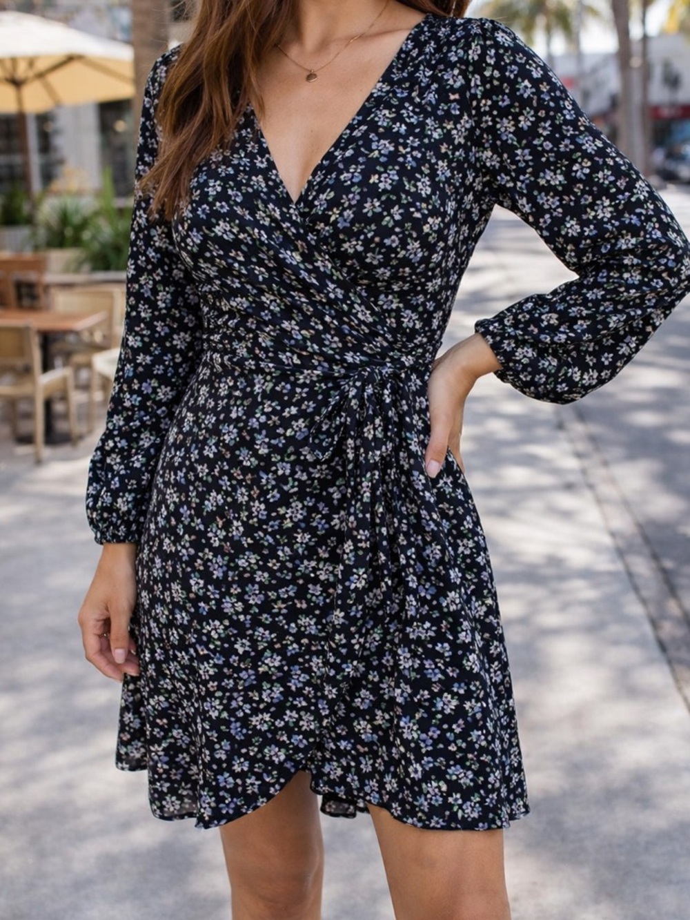 English Factory Black Floral Long-Sleeve Wrap Dress